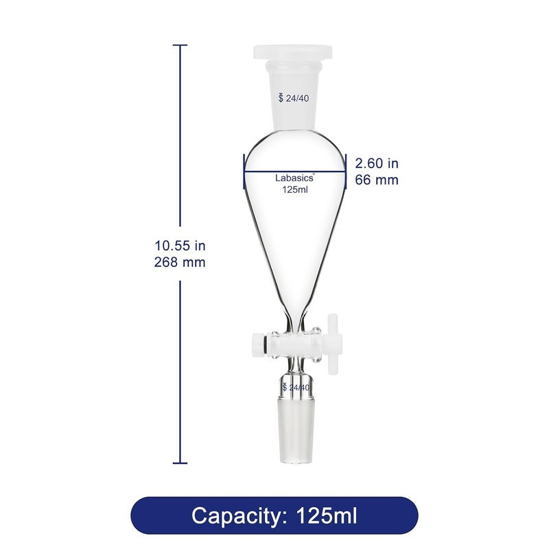 Labasics 125 ml Conical Pear-Shaped Separatory Funnel with PTFE Stopcock, Heavy Wall Borosilicate Glass with 24/40 Joints - Image 4